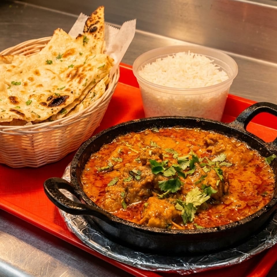 Indian curry in a black bowl with rice and naan bread on a red tray.