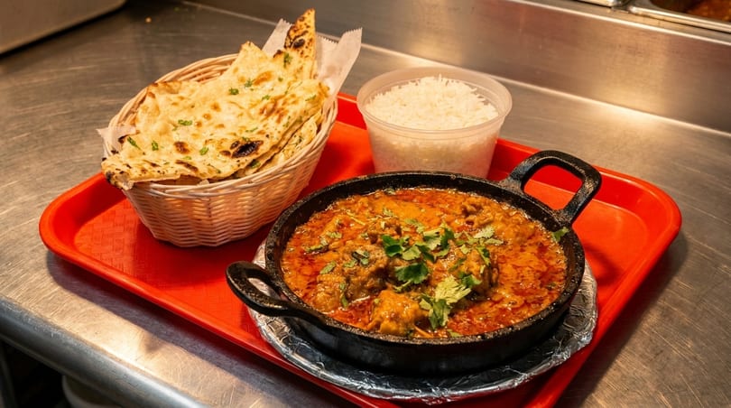 Indian chicken curry in a black skillet, with naan bread in a basket and white rice.