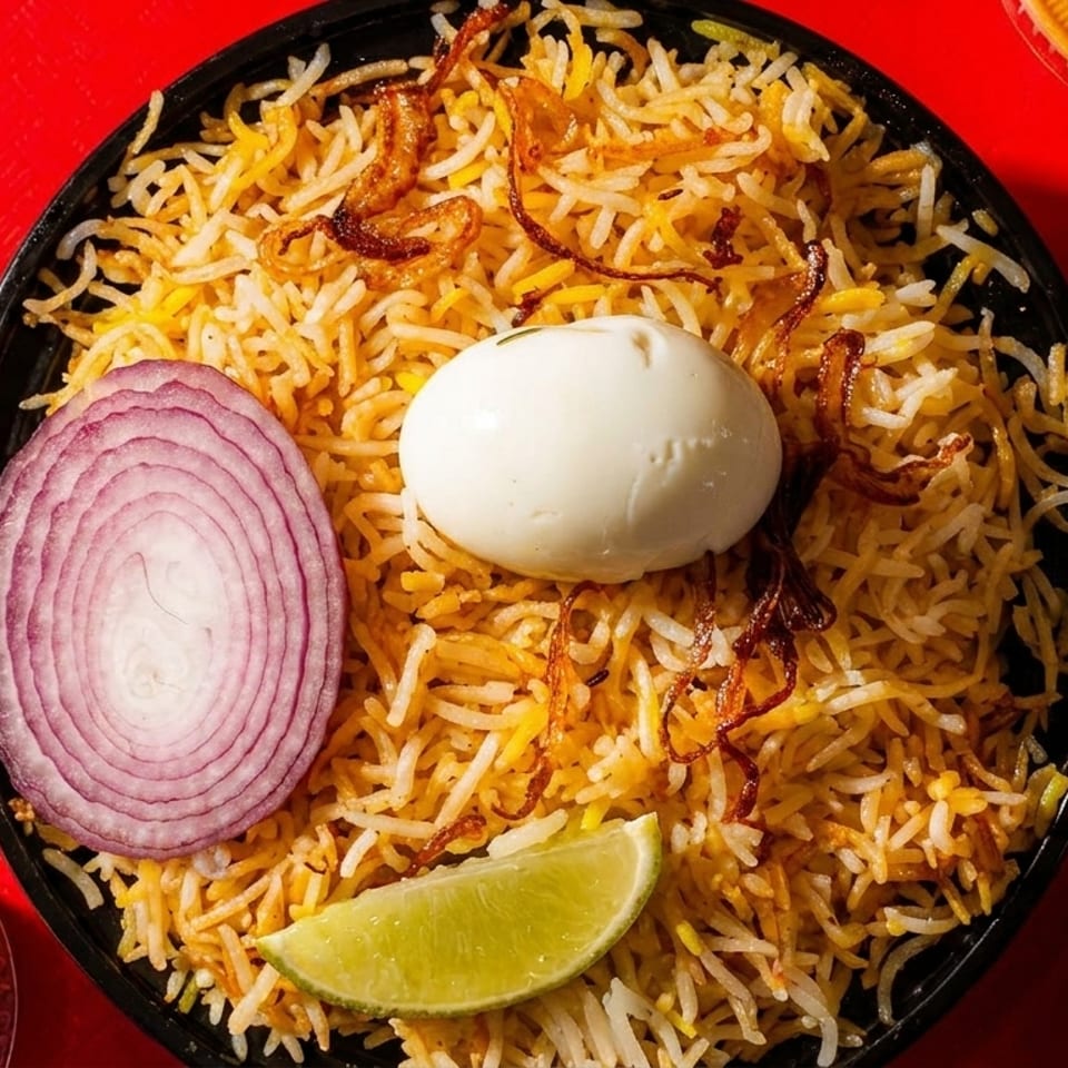Biryani with a boiled egg, red onion, lime, and fried onions on a red tray.