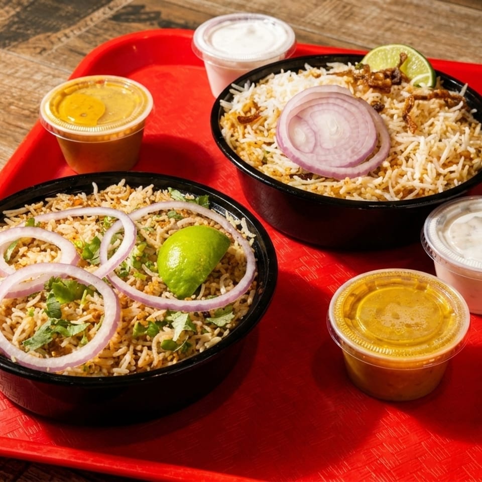 Two bowls of biryani rice with lime and onion, with side sauces, on a red tray.