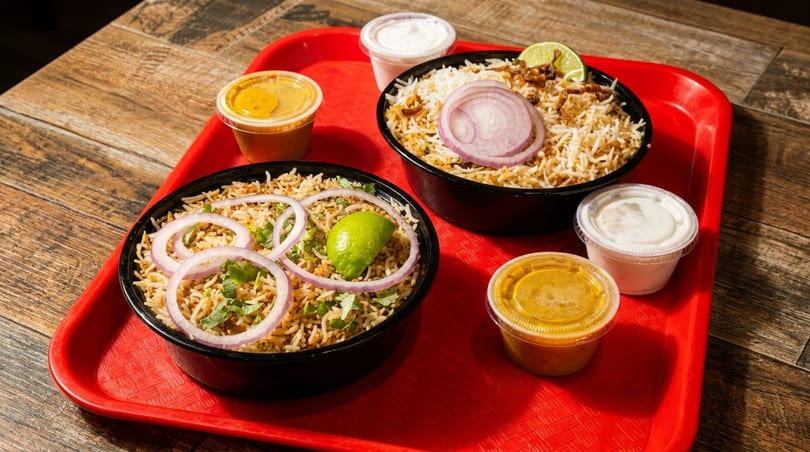 Two bowls of biryani with lime, red onion, and cilantro, with side sauces on a red tray.