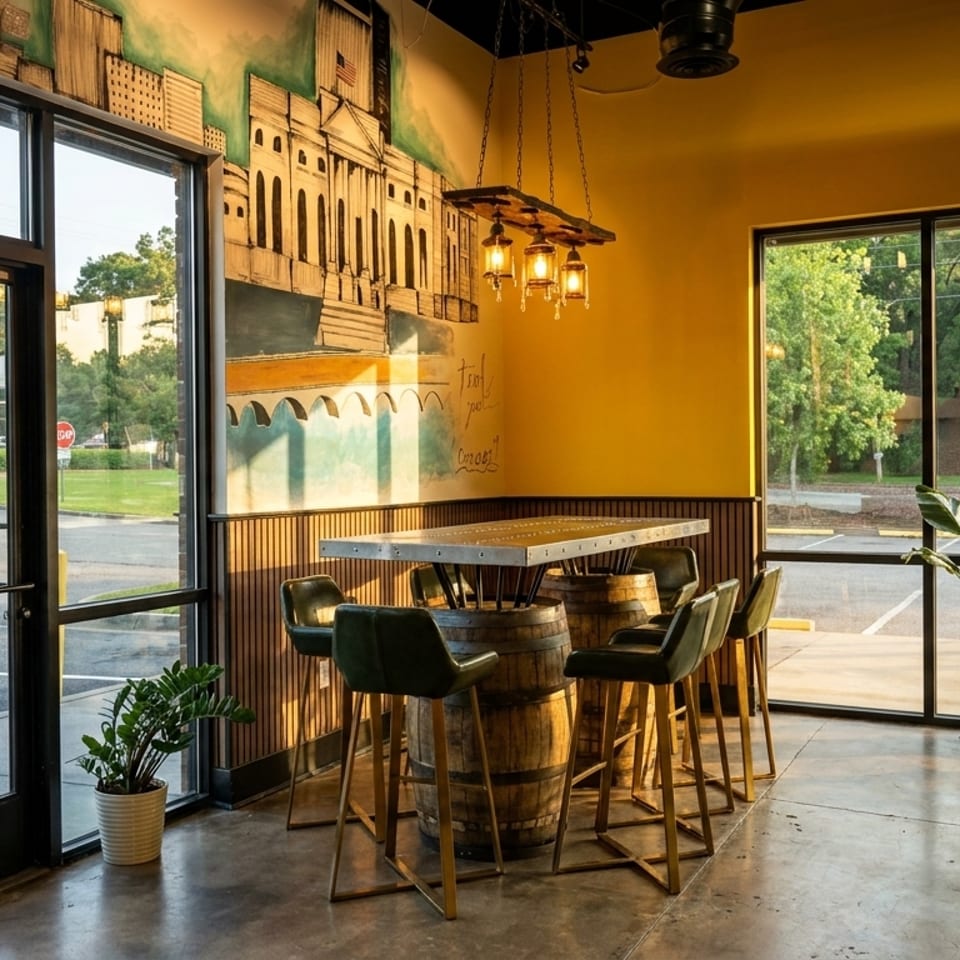 Restaurant interior with a mural, barrel tables, green bar stools, and large windows.