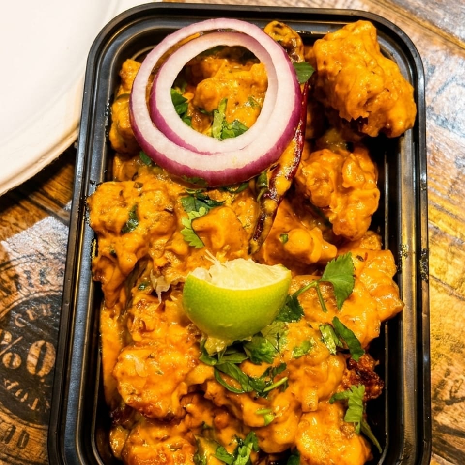 Spicy orange chicken with red onion and lime in a black takeout container on a wooden table.
